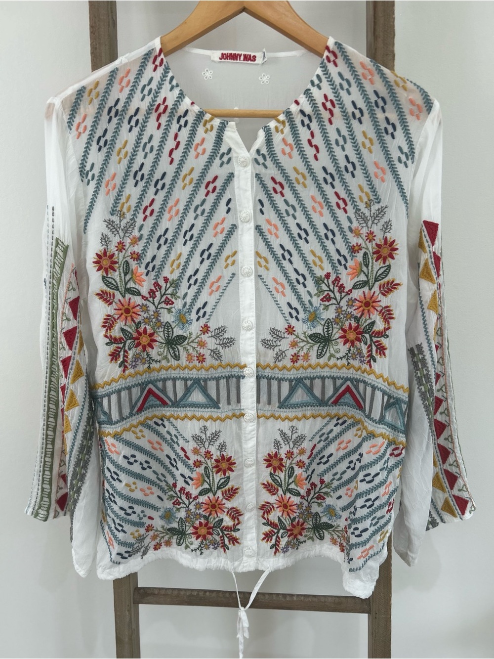 Johnny Was Ezra Floral Embroidered Button Down Blouse Top XS Boho Southwestern